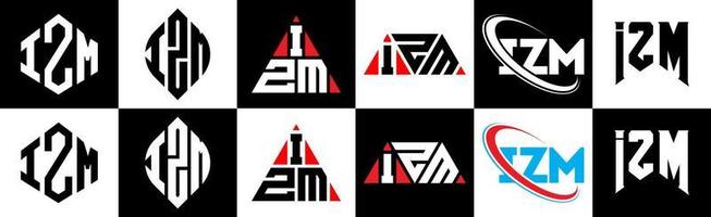 IZM letter logo design in six style. IZM polygon, circle, triangle, hexagon, flat and simple style with black and white color variation letter logo set in one artboard. IZM minimalist and classic logo vector