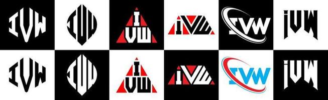IVW letter logo design in six style. IVW polygon, circle, triangle, hexagon, flat and simple style with black and white color variation letter logo set in one artboard. IVW minimalist and classic logo vector