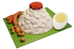 3D rendering traditional Malay food Nasi Lemak rice with boiled egg, dried fish, and peanuts on banana leaf. Spicy sambal topping. Nasi Lemak 3D object illustration png