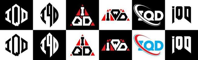 diseño de logotipo de letra iqd en seis estilos. polígono iqd, círculo, triángulo, hexágono, estilo plano y simple con logotipo de letra de variación de color blanco y negro en una mesa de trabajo. logotipo minimalista y clásico de iqd vector