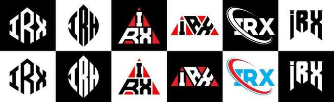 IRX letter logo design in six style. IRX polygon, circle, triangle, hexagon, flat and simple style with black and white color variation letter logo set in one artboard. IRX minimalist and classic logo vector