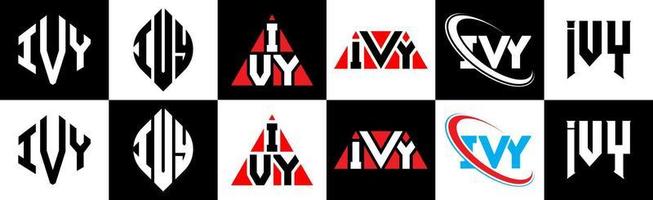 diseño de logotipo de letra ivy en seis estilos. polígono de hiedra, círculo, triángulo, hexágono, estilo plano y simple con logotipo de letra de variación de color blanco y negro en una mesa de trabajo. logotipo clásico y minimalista de hiedra vector