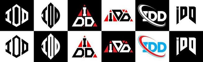 diseño de logotipo de letra idd en seis estilos. polígono idd, círculo, triángulo, hexágono, estilo plano y simple con logotipo de letra de variación de color blanco y negro en una mesa de trabajo. logotipo minimalista y clásico de idd vector