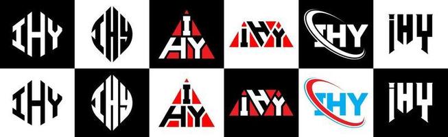 IHY letter logo design in six style. IHY polygon, circle, triangle, hexagon, flat and simple style with black and white color variation letter logo set in one artboard. IHY minimalist and classic logo vector