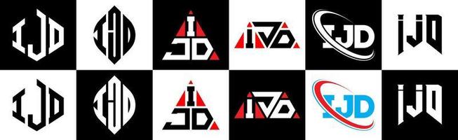 IJD letter logo design in six style. IJD polygon, circle, triangle, hexagon, flat and simple style with black and white color variation letter logo set in one artboard. IJD minimalist and classic logo vector