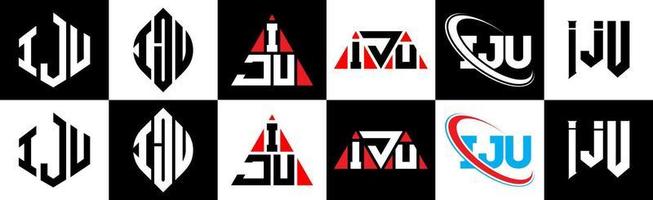 Diseño de logotipo de letra iju en seis estilos. iju polígono, círculo, triángulo, hexágono, estilo plano y simple con logotipo de letra de variación de color blanco y negro en una mesa de trabajo. logotipo minimalista y clásico de iju vector