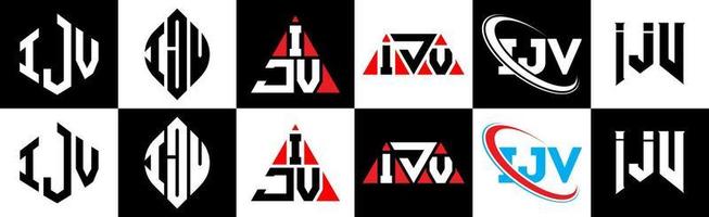 Diseño de logotipo de letra ijv en seis estilos. ijv polígono, círculo, triángulo, hexágono, estilo plano y simple con logotipo de letra de variación de color blanco y negro en una mesa de trabajo. logotipo minimalista y clásico de ijv vector