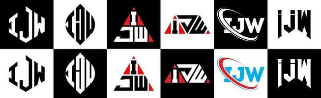 Diseño de logotipo de letra ijw en seis estilos. ijw polígono, círculo, triángulo, hexágono, estilo plano y simple con logotipo de letra de variación de color blanco y negro en una mesa de trabajo. logotipo minimalista y clásico de ijw vector