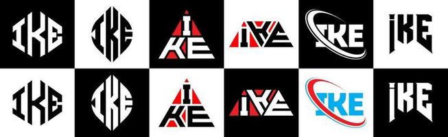 IKE letter logo design in six style. IKE polygon, circle, triangle, hexagon, flat and simple style with black and white color variation letter logo set in one artboard. IKE minimalist and classic logo vector