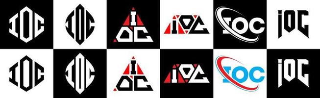 IOC letter logo design in six style. IOC polygon, circle, triangle, hexagon, flat and simple style with black and white color variation letter logo set in one artboard. IOC minimalist and classic logo vector