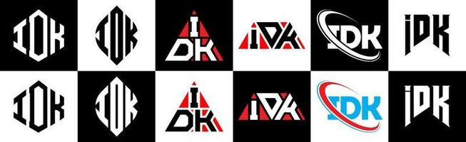 IDK letter logo design in six style. IDK polygon, circle, triangle, hexagon, flat and simple style with black and white color variation letter logo set in one artboard. IDK minimalist and classic logo vector