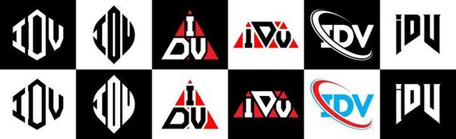 IDV letter logo design in six style. IDV polygon, circle, triangle, hexagon, flat and simple style with black and white color variation letter logo set in one artboard. IDV minimalist and classic logo vector