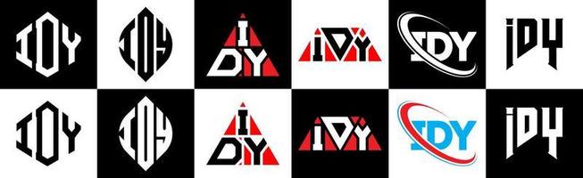 IDY letter logo design in six style. IDY polygon, circle, triangle, hexagon, flat and simple style with black and white color variation letter logo set in one artboard. IDY minimalist and classic logo vector