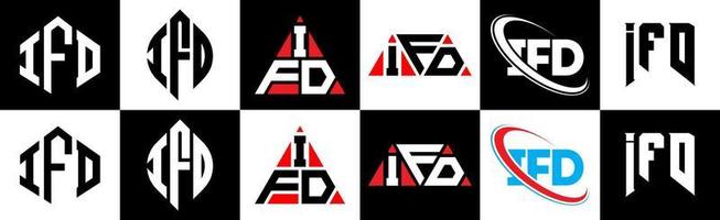 IFD letter logo design in six style. IFD polygon, circle, triangle, hexagon, flat and simple style with black and white color variation letter logo set in one artboard. IFD minimalist and classic logo vector