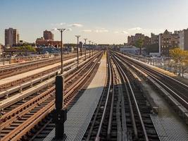View along elevated subway tracks along Brighton Beach and Ocean Parkway in Brooklyn, New York.