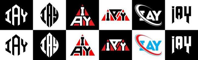 IAY letter logo design in six style. IAY polygon, circle, triangle, hexagon, flat and simple style with black and white color variation letter logo set in one artboard. IAY minimalist and classic logo vector