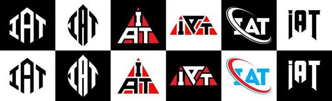 IAT letter logo design in six style. IAT polygon, circle, triangle, hexagon, flat and simple style with black and white color variation letter logo set in one artboard. IAT minimalist and classic logo vector