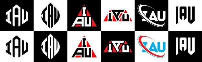 IAU letter logo design in six style. IAU polygon, circle, triangle, hexagon, flat and simple style with black and white color variation letter logo set in one artboard. IAU minimalist and classic logo vector