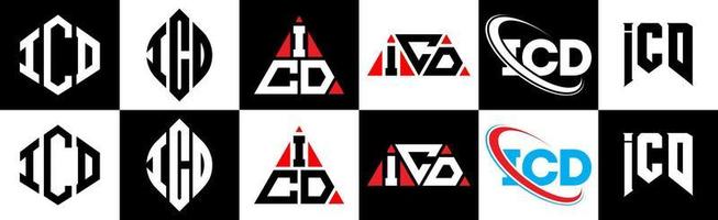 ICD letter logo design in six style. ICD polygon, circle, triangle, hexagon, flat and simple style with black and white color variation letter logo set in one artboard. ICD minimalist and classic logo vector