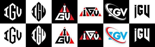 IGV letter logo design in six style. IGV polygon, circle, triangle, hexagon, flat and simple style with black and white color variation letter logo set in one artboard. IGV minimalist and classic logo vector