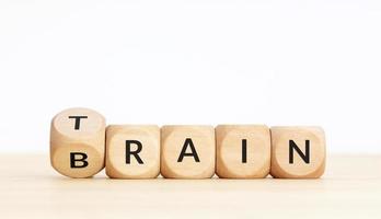 Train your Brain concept. Text on wooden blocks and changing dices photo