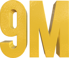 Nummer 9 Millionen gelbe Metallfarbe 3D-Rendering png