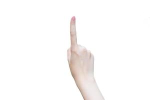 Woman hand shows up one fingers as first number on white background. photo