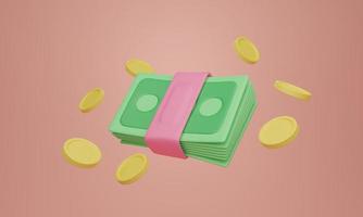 Money stack between floating coins, 3D illustration concept photo