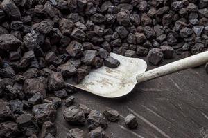 Shovel and a pile of brown coal for heating photo