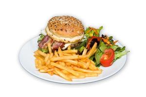 fresh tasty burger and Franz fry isolated on white background photo