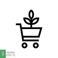 bio, icono de tienda ecológica. estilo de esquema simple. Semillas de plantas, carrito de plántulas, compras, hoja verde, concepto de naturaleza. ilustración de vector de línea delgada aislada sobre fondo blanco. eps 10.