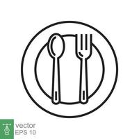 Spoon and fork on a plate icon. Simple outline style. Kitchen utensil, cutlery, silverware, culinary, food concept, line symbol. Vector illustration isolated on white background. EPS 10.