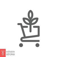 Bio, eco shop icon. Simple outline style. Plant seeds seedling trolley cart shopping, green leaf, nature concept. Thin line vector illustration isolated on white background. Editable stroke EPS 10.