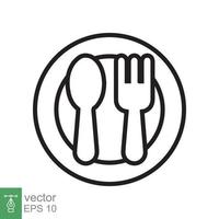 cuchara y tenedor en un icono de plato. estilo de esquema simple. utensilio de cocina, cubiertos, cubiertos, culinaria, concepto de comida, símbolo de línea. ilustración vectorial aislado sobre fondo blanco. eps 10. vector