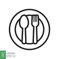 Spoon and fork on a plate icon. Simple outline style. Kitchen utensil, cutlery, silverware, culinary, food concept, line symbol. Vector illustration isolated on white background. EPS 10.