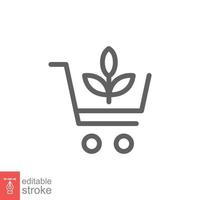 bio, icono de tienda ecológica. estilo de esquema simple. Semillas de plantas, carrito de plántulas, compras, hoja verde, concepto de naturaleza. ilustración de vector de línea delgada aislada sobre fondo blanco. trazo editable eps 10.