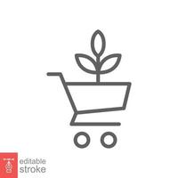 Bio, eco shop icon. Simple outline style. Plant seeds seedling trolley cart shopping, green leaf, nature concept. Thin line vector illustration isolated on white background. Editable stroke EPS 10.