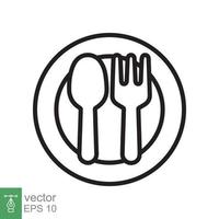 Spoon and fork on a plate icon. Simple outline style. Kitchen utensil, cutlery, silverware, culinary, food concept, line symbol. Vector illustration isolated on white background. EPS 10.