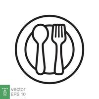 Spoon and fork on a plate icon. Simple outline style. Kitchen utensil, cutlery, silverware, culinary, food concept, line symbol. Vector illustration isolated on white background. EPS 10.