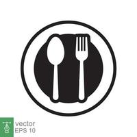 Spoon and fork on a plate icon. Simple flat style. Kitchen utensil, cutlery, silverware, culinary, food concept, silhouette symbol. Vector illustration isolated on white background. EPS 10.