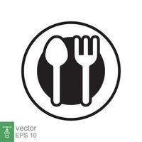 Spoon and fork on a plate icon. Simple flat style. Kitchen utensil, cutlery, silverware, culinary, food concept, silhouette symbol. Vector illustration isolated on white background. EPS 10.