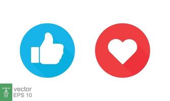 Thumbs up and heart, social media icon. Like, good, love symbol in blue and red circle button. Empathetic emotion reactions. Flat vector Illustration design isolated on white background. EPS 10.