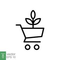 bio, icono de tienda ecológica. estilo de esquema simple. Semillas de plantas, carrito de plántulas, compras, hoja verde, concepto de naturaleza. ilustración de vector de línea delgada aislada sobre fondo blanco. eps 10.