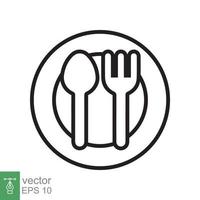 cuchara y tenedor en un icono de plato. estilo de esquema simple. utensilio de cocina, cubiertos, cubiertos, culinaria, concepto de comida, símbolo de línea. ilustración vectorial aislado sobre fondo blanco. eps 10. vector