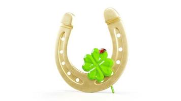 Horseshoe with lucky clover on white background. 3d illustration photo