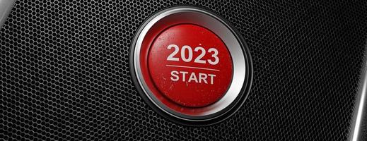 Start 2023. Happy New Year button. 3D illustration photo