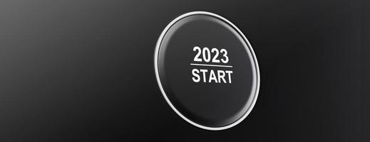 Start 2023. Happy New Year button. 3D illustration photo