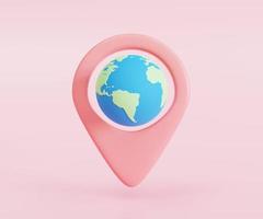 Pink location pin sign icon and earth. Ready to find travel route marker, destination navigator and gps navigation road direction map. Modern technology symbol. 3D rendering. photo