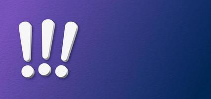 Three exclamation marks on horizontal textured purple blue background with empty space for message. photo