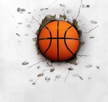 la pelota de baloncesto atravesó la pared blanca con gran poder. foto